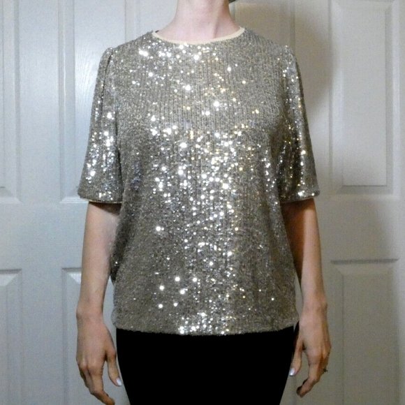 NWT Silver Blouse Sequin Top M&S Valentine Day, Dinner, Dance, Party Events Sz 8 - Picture 3 of 11